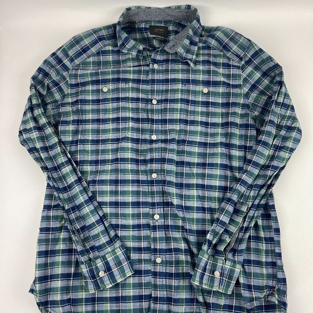 Jachs New York Button Up Shirt Mens Large Classic Fit Blue Green Plaid